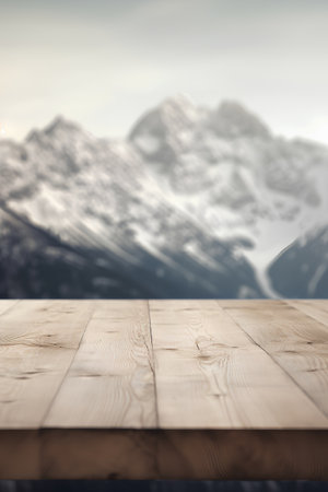 Wooden table top on blurred mountain background - can be used for display or montage your productsの素材