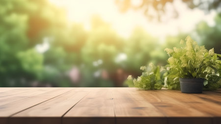 Wood table top on blurred green nature background with bokeh lightの素材
