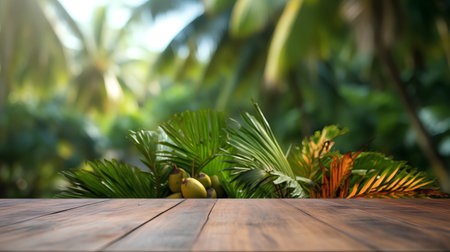 Wooden table in front of tropical palm leaves on blurred background.の素材