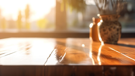 Wooden table in coffee shop with bokeh light background.の素材