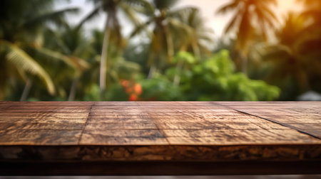 Empty wooden table for product display montages with coconut tree background.の素材