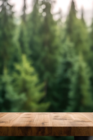 Wooden table top on blur forest background - can be used for display or montage your productsの素材