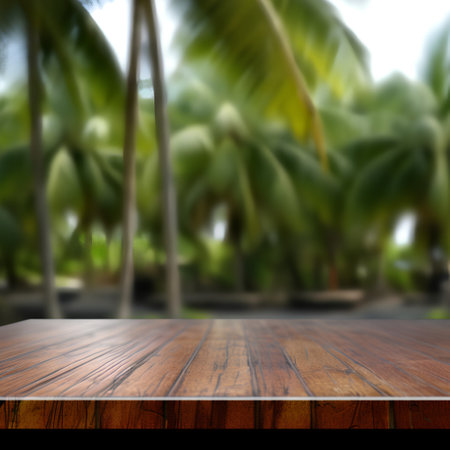 Wooden table top on blur coconut tree background - can be used for display or montage your productsの素材