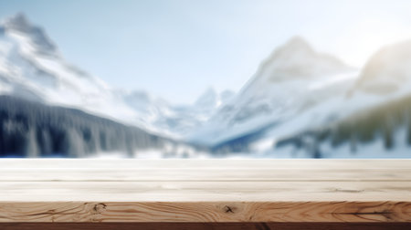 Wooden table top on blurred mountain background - can be used for display or montage your productsの素材