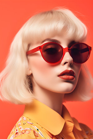 Fashion portrait of a beautiful blonde woman in sunglasses. Beauty, fashion. Optics.の素材