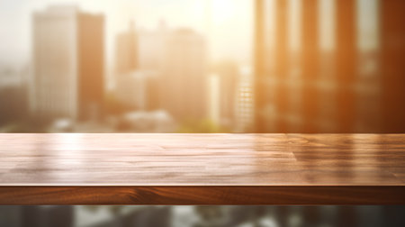 Wooden table top on blur city background - can be used for display or montage your productsの素材