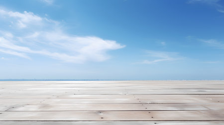Wooden floor with blue sky and white cloud background. Perspective view.の素材