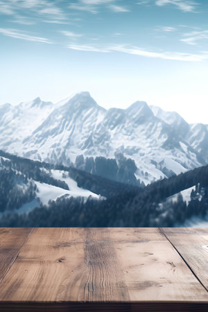 Wooden table top on blurred background of snowy mountain landscape. For product displayの素材