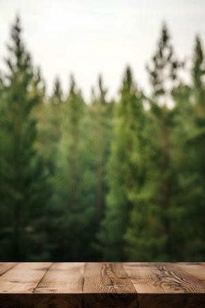 Wooden table in front of blurred pine forest background. Collage.の素材
