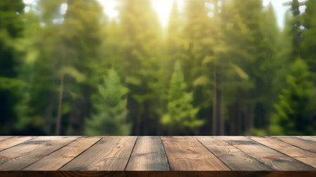 Wooden table top on blurred forest background - can be used for display or montage your productsの素材
