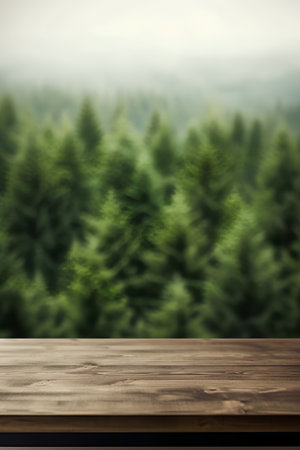 Wooden table top on blur forest background - can be used for display or montage your productsの素材