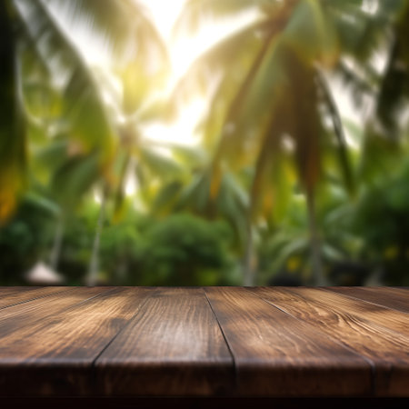 Wood table top on blur coconut tree background with bokeh imageの素材