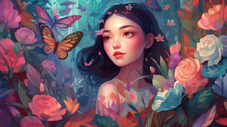 Beautiful young woman surrounded by flowers and butterflies. Vector illustration.の素材