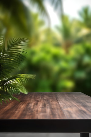 Wooden table in front of blurred tropical background. Collage.の素材