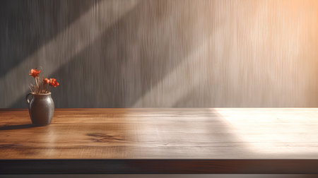 Empty wooden table and vase with flowers in sunlight. Mock up, 3D Renderingの素材