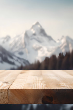 Wooden table in front of snowy mountain background - can be used for display or montage your productsの素材
