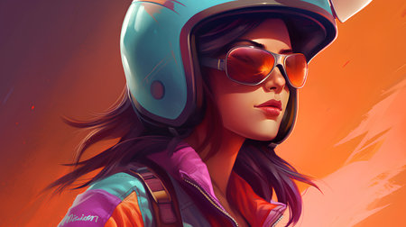 Biker girl with helmet and sunglasses. 3d rendering illustration.の素材