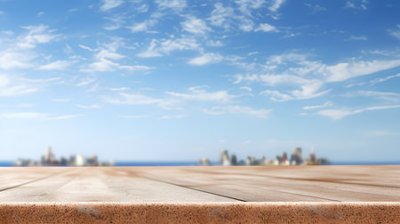 Wooden table top on blur city background - can be used for display or montage your productsの素材