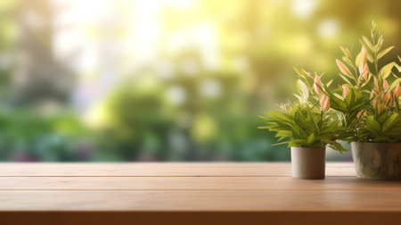 Wood table top on blur garden background - can be used for display or montage your productsの素材