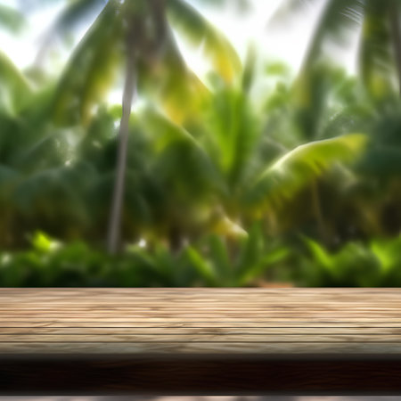 Empty table for product display montages with coconut tree blurred background.の素材