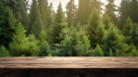 Empty table for product display montages with coniferous forest backgroundの素材