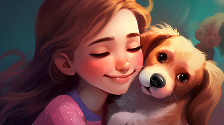 Beautiful girl with a dog in her arms. Vector illustration.の素材
