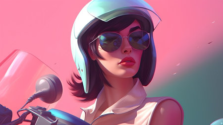 3d illustration of a beautiful girl in a motorcycle helmet and glassesの素材