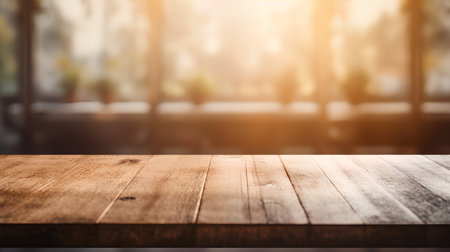 Empty wood table and Coffee shop blur background with bokeh image, product displayの素材