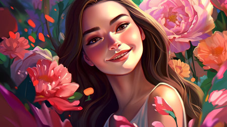 Beautiful young woman with flowers. Vector illustration in cartoon style.の素材