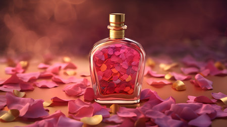 Bottle of perfume with rose petals on a red background.の素材