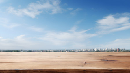 Wooden table top on blurred city background - can be used for display or montage your productsの素材