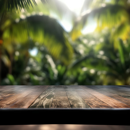 Wooden table top on blur background of tropical palm trees - can be used for display or montage your productsの素材