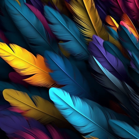 Seamless background with colorful feathers in blue, pink and yellowの素材