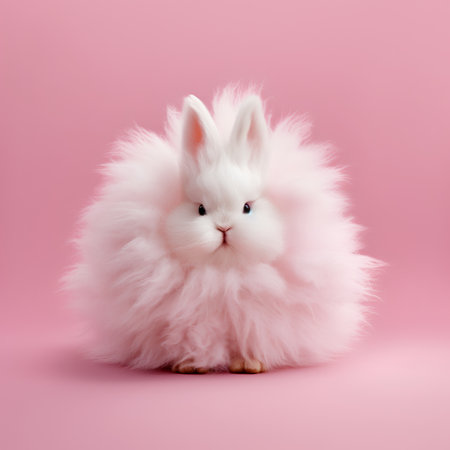 Cute fluffy white rabbit on a pink background, easter conceptの素材