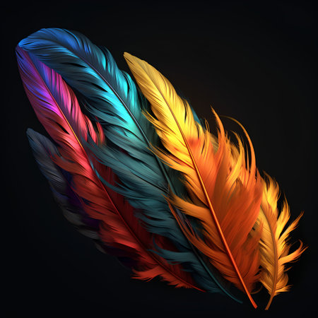 Colorful feathers isolated on black background. Realistic vector illustration.の素材