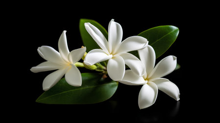 White frangipani flower on black background with clipping path.の素材