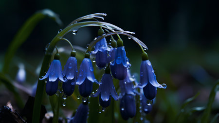 Close up of bluebells with water drops after rain in forestの素材
