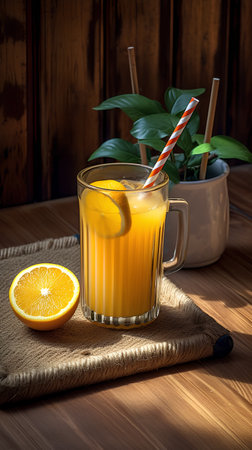 Orange juice in a glass with a straw on a wooden background.の素材
