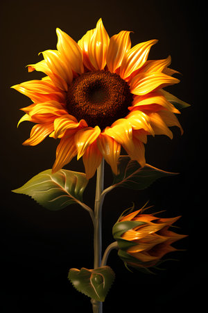Beautiful sunflower isolated on a black background. 3d renderの素材