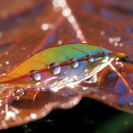Drops of dew on a leaf in autumn. Macro.の素材