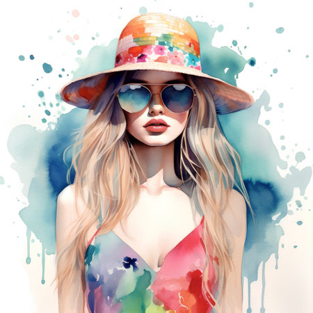 Beautiful girl in hat and sunglasses. Digital watercolor painting.の素材