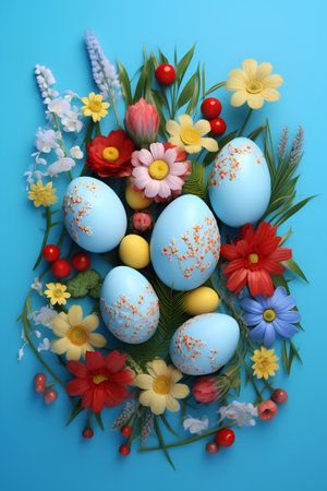 Easter eggs and flowers on blue background. 3D illustration.の素材