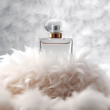Perfume bottle on a white fur background. 3d renderingの素材