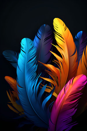 Colorful feathers on black background. Vector illustration for your design.の素材