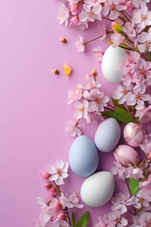Easter eggs and spring flowers on pink background. Happy Easter concept.の素材