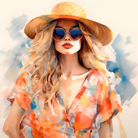 Beautiful young woman in hat and sunglasses. Digital watercolor painting.の素材