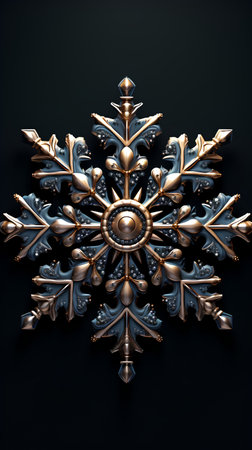 3d illustration of golden snowflake isolated on black background. Computer generated image.の素材