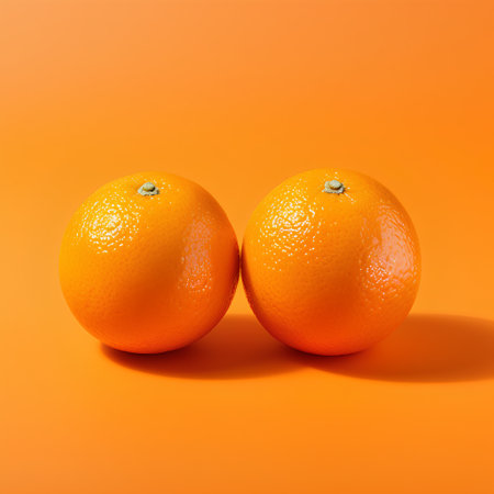 Two oranges isolated on orange background. 3d illustration. Close-up.の素材