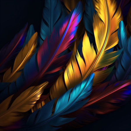 Colorful feathers on a black background. Vector illustration for your designの素材