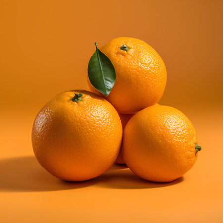 Group of ripe oranges with leaves on orange background. Studio shot.の素材